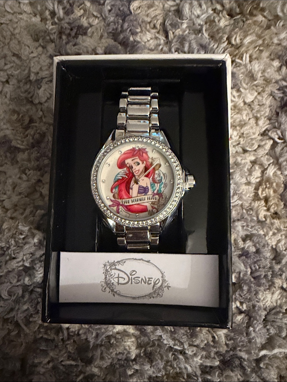 Disney Silver Tone Ariel Illustration Watch with Red Accents